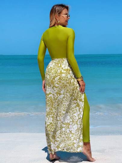 Swim Shayni مجموعة تتكون من 3 قطع بلون واحد مريحة الجمبسوت بسحاب جزئي وياقة مستديرة وأكمام طويلة مع فستان بطبعات للنساء للاستخدام كملابس السباحة