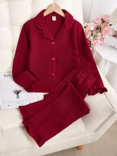 بيجاما طقم من قميص كنزة وشورت إحاطة مضلّع بتريم متباين بلون وردي مناسب للفتيات البلغ 2 قطع/مجموعة