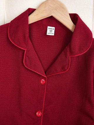 بيجاما طقم من قميص كنزة وشورت إحاطة مضلّع بتريم متباين بلون وردي مناسب للفتيات البلغ 2 قطع/مجموعة