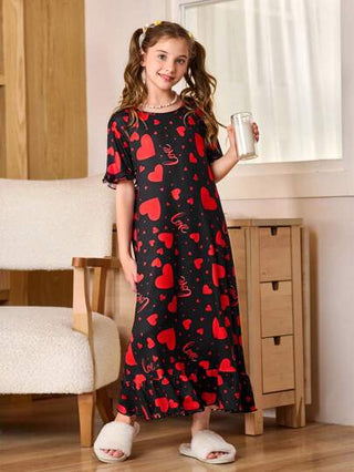 بيجاما فستان نوم للفتيات الكبيرات ناعم ورقيق مع طبعة قلب أحمر وتريم أربطة، طراز متقلب وذوق عذب