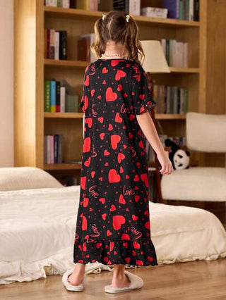 بيجاما فستان نوم للفتيات الكبيرات ناعم ورقيق مع طبعة قلب أحمر وتريم أربطة، طراز متقلب وذوق عذب