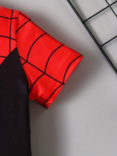 مايوه حريمي قطعة واحدة مجموعة بيجامات بأكمام قصيرة مطبوعة برسم العنكبوت لأطفال الحضانة، قطعتين في المجموعة