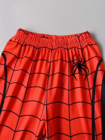 مايوه حريمي قطعة واحدة مجموعة بيجامات بأكمام قصيرة مطبوعة برسم العنكبوت لأطفال الحضانة، قطعتين في المجموعة