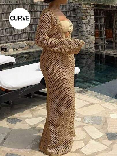 فستان كبير الحجم مثير بأكمام طويلة وفتحات بلا أكتاف مخصص للسباحة في الصيف