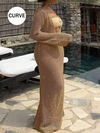 فستان كبير الحجم مثير بأكمام طويلة وفتحات بلا أكتاف مخصص للسباحة في الصيف