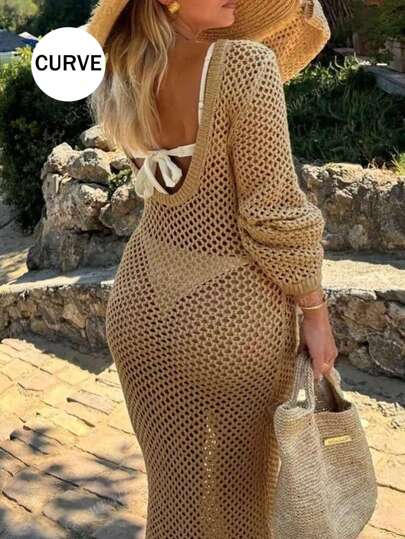 فستان كبير الحجم مثير بأكمام طويلة وفتحات بلا أكتاف مخصص للسباحة في الصيف