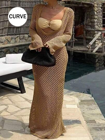 فستان كبير الحجم مثير بأكمام طويلة وفتحات بلا أكتاف مخصص للسباحة في الصيف