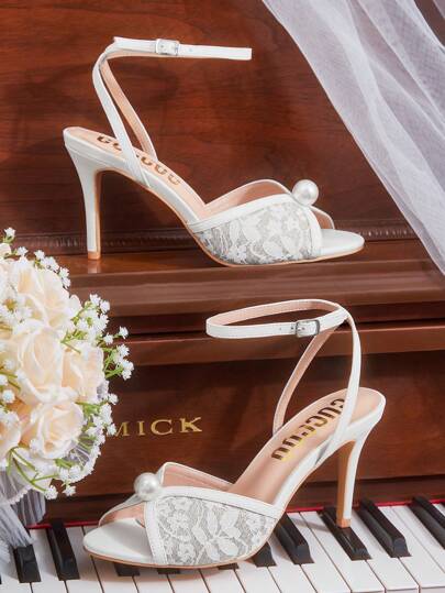 CUCCOO HITCHD كعب عالي بفتحة أمامية من الساتان العاجي مزين باللؤلؤ والدانتيل، أحذية زفاف أنيقة للحفلات