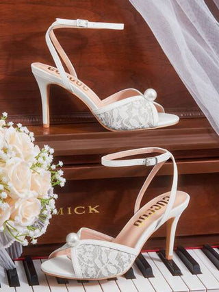 CUCCOO HITCHD كعب عالي بفتحة أمامية من الساتان العاجي مزين باللؤلؤ والدانتيل، أحذية زفاف أنيقة للحفلات