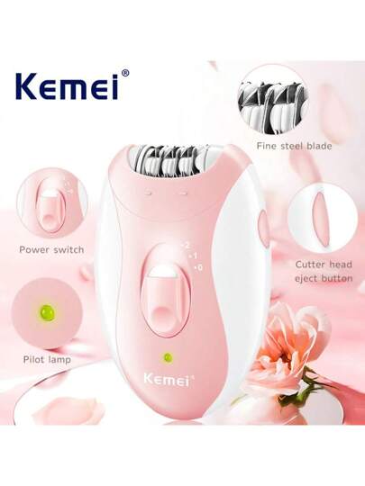 Kemei آلة إزالة الشعر الكهربائية للإبطين والرجلين والمناطق الحساسة، للسيدات، 1 قطعة، قابلة للشحن USB، لاسلكية، مقاومة للماء، مزيل الشعر الكهربي