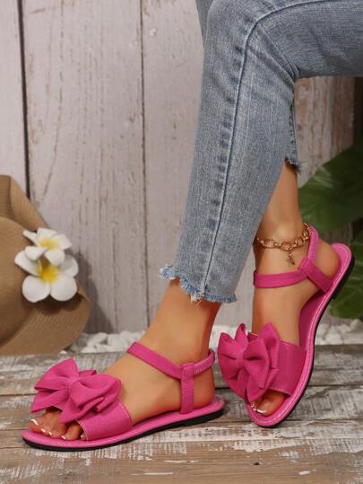 صنادل نسائية مريحة مقاس كبير سهلة ذات رؤوس مستديرة مزينة بفيونكة مرنة، صنادل كاجوال بشكل عصري للشاطئ والعطلات الصيفية، للارتداء السهل