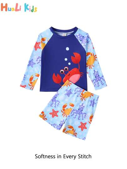 مايوه أولادي Kaka Here 2 قطعة/ طقم سباحة بأكمام طويلة ذو رسمة سرطان جميلة وشورت للأولاد الصغار، ملابس شاطئ صيفية