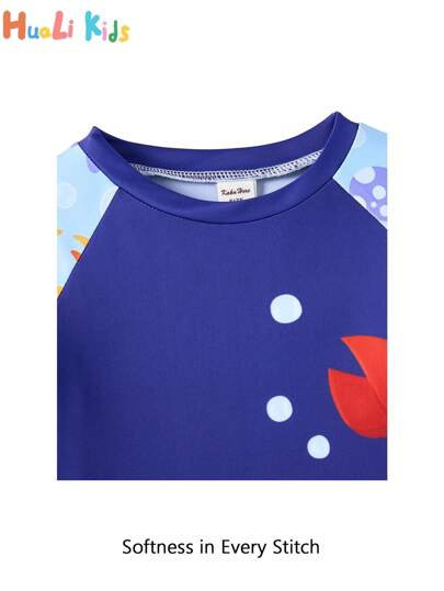 مايوه أولادي Kaka Here 2 قطعة/ طقم سباحة بأكمام طويلة ذو رسمة سرطان جميلة وشورت للأولاد الصغار، ملابس شاطئ صيفية