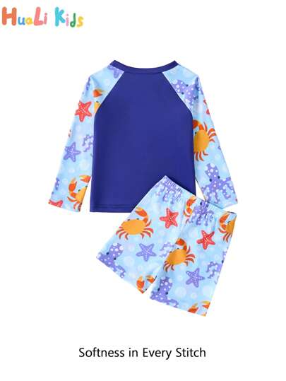 مايوه أولادي Kaka Here 2 قطعة/ طقم سباحة بأكمام طويلة ذو رسمة سرطان جميلة وشورت للأولاد الصغار، ملابس شاطئ صيفية