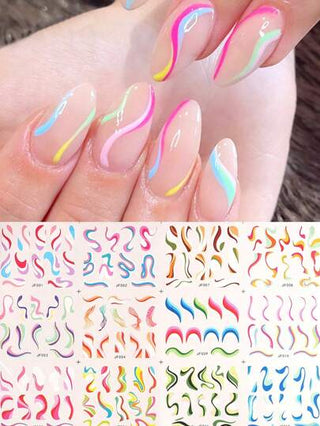 12 قطعة ملصقات مائية للأظافر بتصاميم وألوان متنوعة كموجة وخط وزهرة وشريط وبكرة للأشكال الفنية بتقنية التحويل على الأظافر