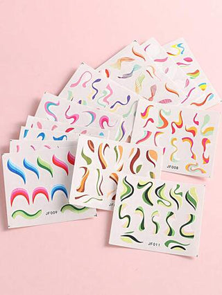 12 قطعة ملصقات مائية للأظافر بتصاميم وألوان متنوعة كموجة وخط وزهرة وشريط وبكرة للأشكال الفنية بتقنية التحويل على الأظافر