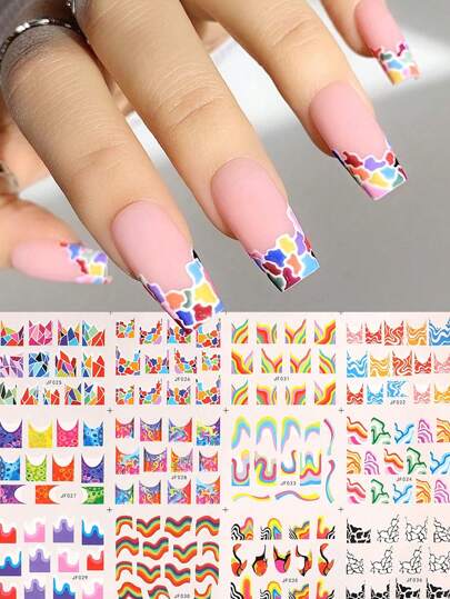 12 قطعة ملصقات مائية للأظافر بتصاميم وألوان متنوعة كموجة وخط وزهرة وشريط وبكرة للأشكال الفنية بتقنية التحويل على الأظافر