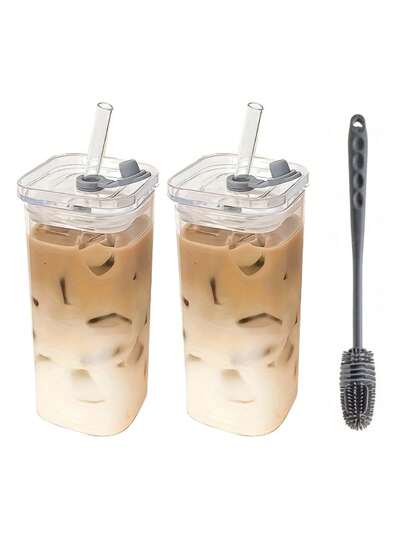 1 قطعة كوب زجاجي شفاف مربع مع القش والغطاء ، كوب شرب زجاجي قابل لإعادة الاستخدام بتصميم أنيق لتناول القهوة المثلجة والمياه والعصير والمشروبات الباردة ، مناسب للاستخدام المنزلي والمكتبي والتنقل ، هدية عيد الأم