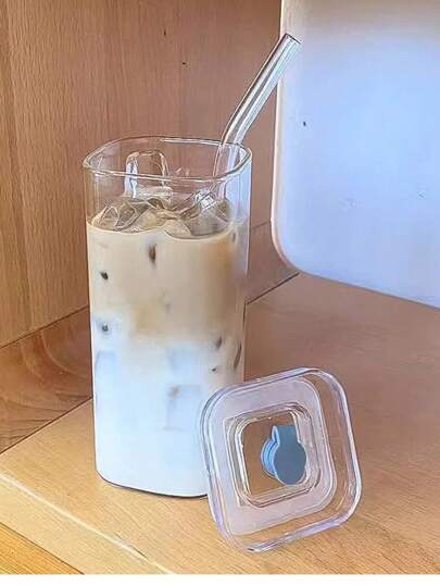 1 قطعة كوب زجاجي شفاف مربع مع القش والغطاء ، كوب شرب زجاجي قابل لإعادة الاستخدام بتصميم أنيق لتناول القهوة المثلجة والمياه والعصير والمشروبات الباردة ، مناسب للاستخدام المنزلي والمكتبي والتنقل ، هدية عيد الأم