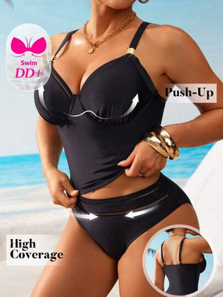 طقم تانكيني حريمي Swim DD+ بيكيني قطعتين للنساء بحمالات رفيعة مع زخارف معدنية، ذو كوب DD داعم بسلك معدني، قابل للطي للتنحيف المناسب للاستخدام في العطلات واوقات الاسترخاء