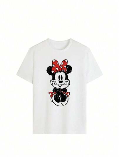 Disney قبعة كاوبوي المكوكة للنساء طراز ديزني، منقوشة بنمط كرتوني، ملابس علوية بأكمام قصيرة ذو ياقة دائرية، قطعة علوية سبور بفضفاضة، قطعة صيفية بيضاء بطباعة جميلة