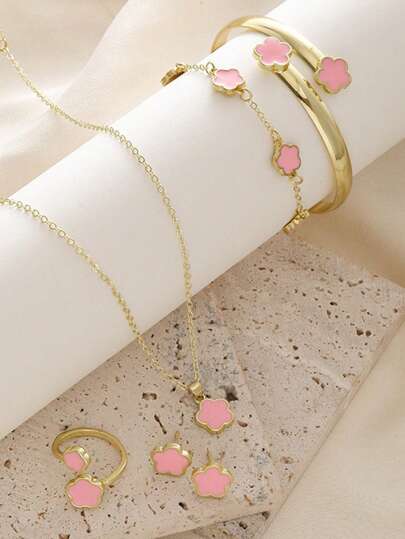 6قطع / مجموعة سوار بتصميم ورقة البرسيم، قلادة، أقراط، أسورة وخاتم مجموعة مجوهرات رقيقة وعصرية هدية للمراهقين