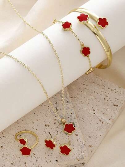 6قطع / مجموعة سوار بتصميم ورقة البرسيم، قلادة، أقراط، أسورة وخاتم مجموعة مجوهرات رقيقة وعصرية هدية للمراهقين