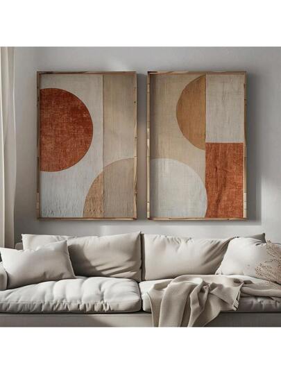 مجموعة من 2 ملصق فني لأشكال هندسية مجردة غير مؤطرة على قماش، طباعة الأشكال المجردة من فن الواتس سابي باللون البيج والبني الفاتح، لزينة الغرفة الجامعية أو الشقة أو غرفة النوم أو غرفة المعيشة أو المنزل الحديث