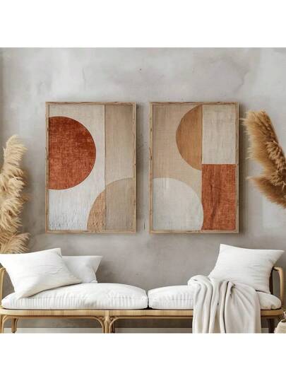 مجموعة من 2 ملصق فني لأشكال هندسية مجردة غير مؤطرة على قماش، طباعة الأشكال المجردة من فن الواتس سابي باللون البيج والبني الفاتح، لزينة الغرفة الجامعية أو الشقة أو غرفة النوم أو غرفة المعيشة أو المنزل الحديث