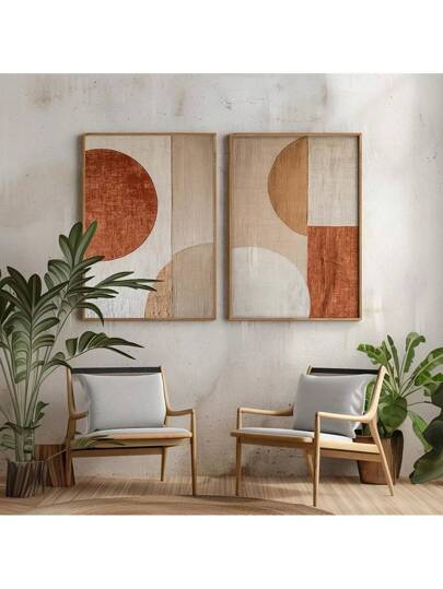 مجموعة من 2 ملصق فني لأشكال هندسية مجردة غير مؤطرة على قماش، طباعة الأشكال المجردة من فن الواتس سابي باللون البيج والبني الفاتح، لزينة الغرفة الجامعية أو الشقة أو غرفة النوم أو غرفة المعيشة أو المنزل الحديث