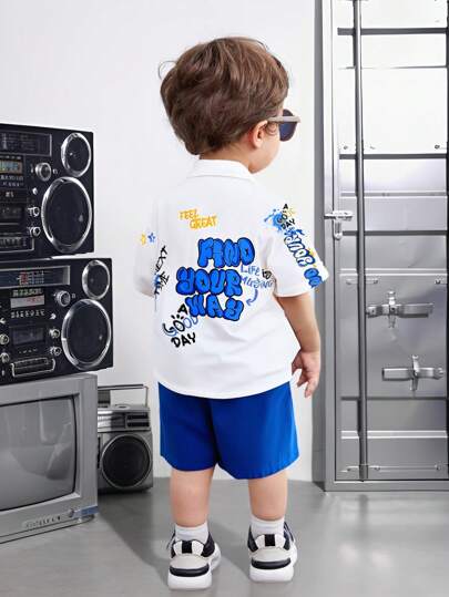 مجموعة بلوزة أكمام قصيرة بيضاء و شورت أزرق للأطفال الصغار (مجموعتان)، مريحة للارتداء اليومي، مناسبة للداخل والخارج واليومي والرياضة واللعب والأعياد والتصوير الفوتوغرافي والعطلات والمناسبات في الربيع والصيف