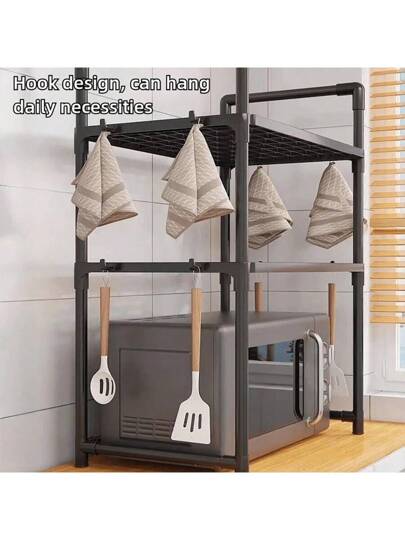 رف تخزين متعدد الوظائف للمطبخ، رف تخزين الميكروويف، ورف تخزين متعدد الأغراض. القاعدة مناسبة لوضع فرن الميكروويف، والطبقة العليا عبارة عن رف تخزين لتخزين التوابل والأواني والعناصر المتنوعة. رف للخبز، رف تخزين مفتوح.