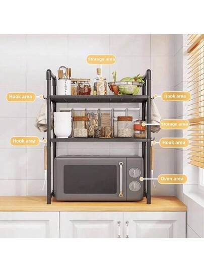 رف تخزين متعدد الوظائف للمطبخ، رف تخزين الميكروويف، ورف تخزين متعدد الأغراض. القاعدة مناسبة لوضع فرن الميكروويف، والطبقة العليا عبارة عن رف تخزين لتخزين التوابل والأواني والعناصر المتنوعة. رف للخبز، رف تخزين مفتوح.