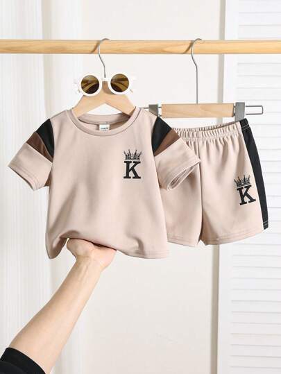 مجموعة قطعتين من القميص والشورت بطبعة رسوم أحرف ملونة كيوت للأطفال الرضع الصيفي الكاجوال ملابس الشارع