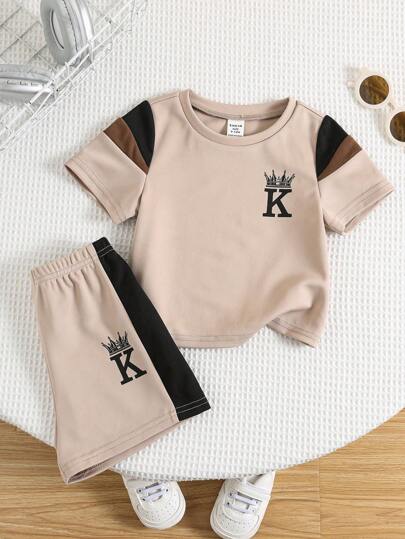 مجموعة قطعتين من القميص والشورت بطبعة رسوم أحرف ملونة كيوت للأطفال الرضع الصيفي الكاجوال ملابس الشارع