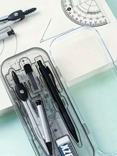 أدوات مكتبية ومدرسية 8 قطع مجموعة أدوات رسم شفافة من البلاستيك تتضمن: بوصلة، مسطرة، منقلة، مثلث، ومبراة. أدوات مفيدة للمدرسة والمشاريع الفنية، لوازم مدرسية، العودة للمدرسة