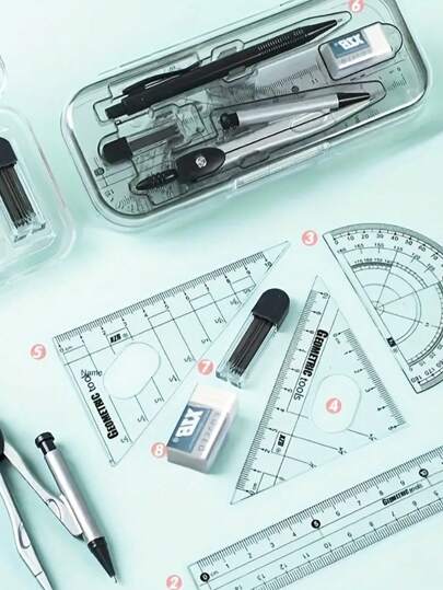 أدوات مكتبية ومدرسية 8 قطع مجموعة أدوات رسم شفافة من البلاستيك تتضمن: بوصلة، مسطرة، منقلة، مثلث، ومبراة. أدوات مفيدة للمدرسة والمشاريع الفنية، لوازم مدرسية، العودة للمدرسة