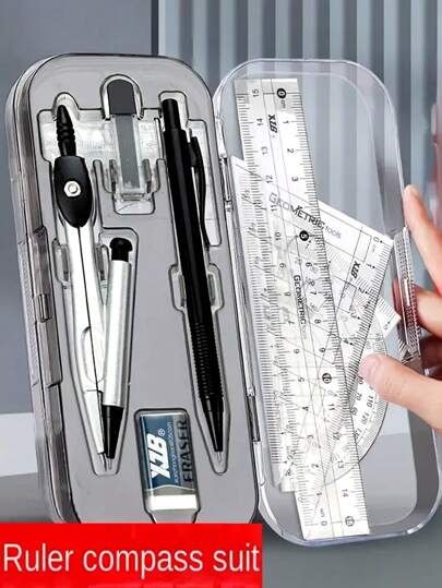 أدوات مكتبية ومدرسية 8 قطع مجموعة أدوات رسم شفافة من البلاستيك تتضمن: بوصلة، مسطرة، منقلة، مثلث، ومبراة. أدوات مفيدة للمدرسة والمشاريع الفنية، لوازم مدرسية، العودة للمدرسة
