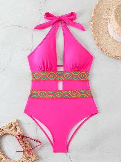 مايوه حريمي قطعة واحدة Swim قطعة واحدة ملابس سباحة من قطعة واحدة بحزام منسوج للظهر مفتوح بتصميم هالتر للنزهات الشاطئية