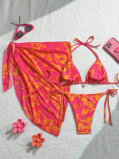 Swim Mod 3 قطع / مجموعة ملابس نسائية للشاطئ والصيف، تشمل فستان عنق وربطة عنق عشوائي الطباعة والبكيني ذو الربطة الأمامية