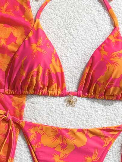 Swim Mod 3 قطع / مجموعة ملابس نسائية للشاطئ والصيف، تشمل فستان عنق وربطة عنق عشوائي الطباعة والبكيني ذو الربطة الأمامية