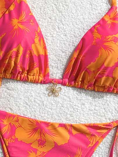 Swim Mod 3 قطع / مجموعة ملابس نسائية للشاطئ والصيف، تشمل فستان عنق وربطة عنق عشوائي الطباعة والبكيني ذو الربطة الأمامية