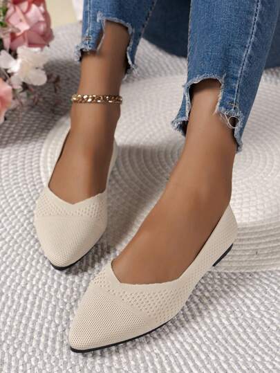 أحذية مسطحة نسائية مصنوعة من الأقمشة المحبوكة بنقطة حادة، موحد اللون، كاجوال سهلة الارتداء والخلع، متعددة الاستخدامات