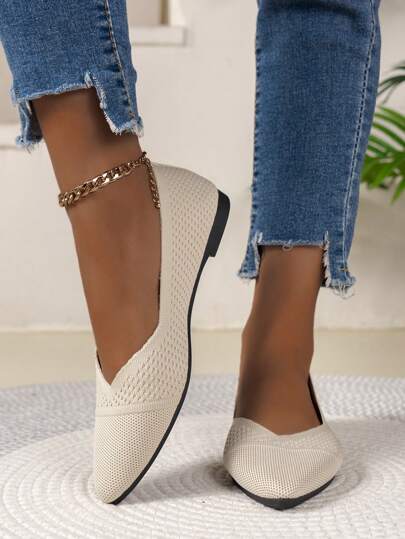 أحذية مسطحة نسائية مصنوعة من الأقمشة المحبوكة بنقطة حادة، موحد اللون، كاجوال سهلة الارتداء والخلع، متعددة الاستخدامات