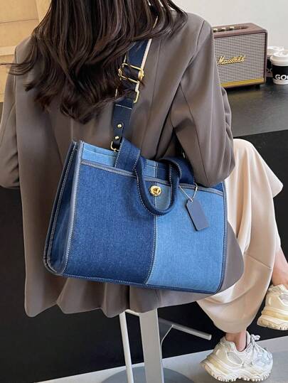 حقيبة الكتف الفاخرة والكاجوال للسيدات مع شريط عريض من القماش الملون، سعة كبيرة، حقيبة يد عصرية وشاملة، حقيبة مدرسية أدبية للسيدات والطالبات، مثالية لحمل الكتب، التسوق، العودة إلى المدرسة وأكثر