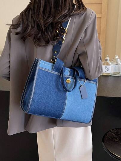 حقيبة الكتف الفاخرة والكاجوال للسيدات مع شريط عريض من القماش الملون، سعة كبيرة، حقيبة يد عصرية وشاملة، حقيبة مدرسية أدبية للسيدات والطالبات، مثالية لحمل الكتب، التسوق، العودة إلى المدرسة وأكثر