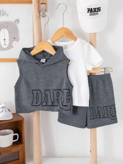 3 قطعة طقم للأطفال الرضع: صدرية مطرزة بطبعة جميلة برقبة دائرية مرتخية، وبنطلون قصير سادة، ملابس كاجوال للربيع والصيف