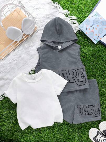 3 قطعة طقم للأطفال الرضع: صدرية مطرزة بطبعة جميلة برقبة دائرية مرتخية، وبنطلون قصير سادة، ملابس كاجوال للربيع والصيف