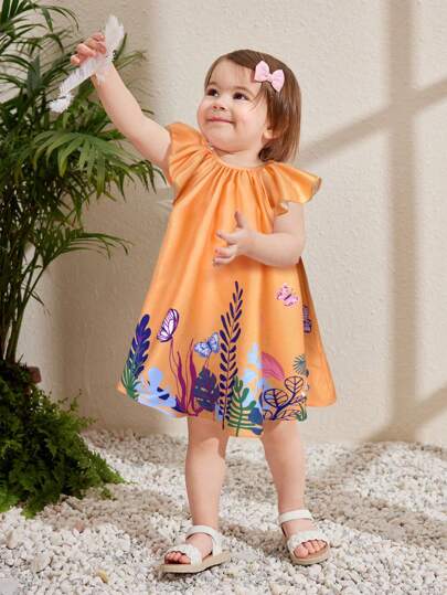 فساتين بيبي فستان رخو بأكمام مكرمة مزخرفة بطباعة رسوم كرتونية، مناسب لبنات الرضيعات في العطلات الصيفية