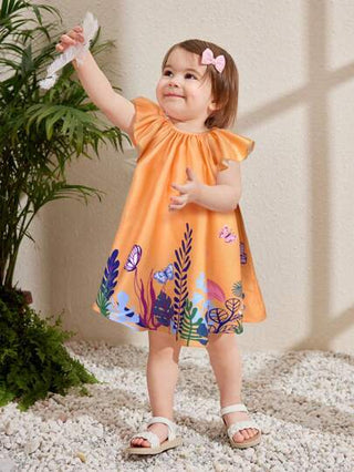 فساتين بيبي فستان رخو بأكمام مكرمة مزخرفة بطباعة رسوم كرتونية، مناسب لبنات الرضيعات في العطلات الصيفية